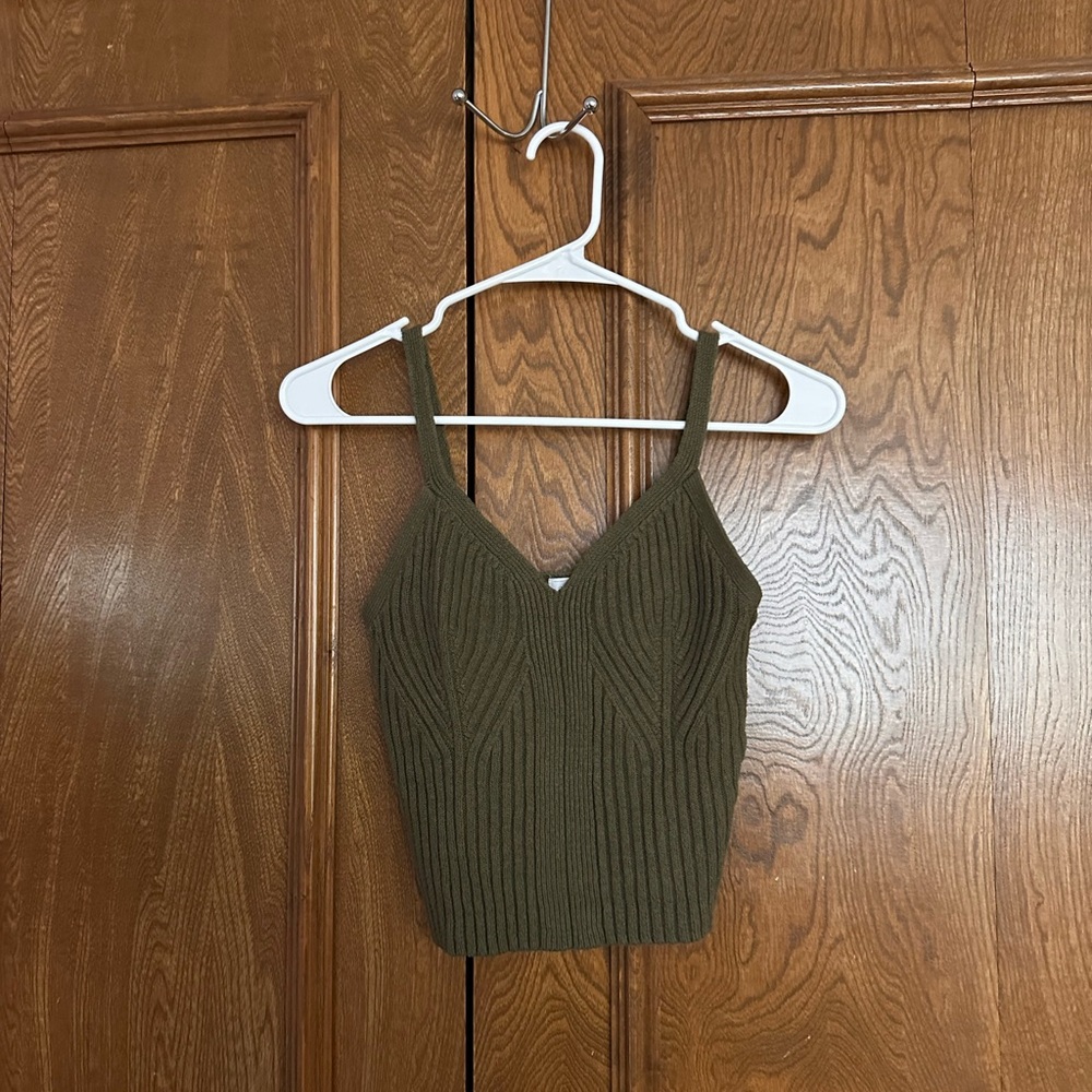Auden Olive Green Ribbed V-Neck Cropped Cami